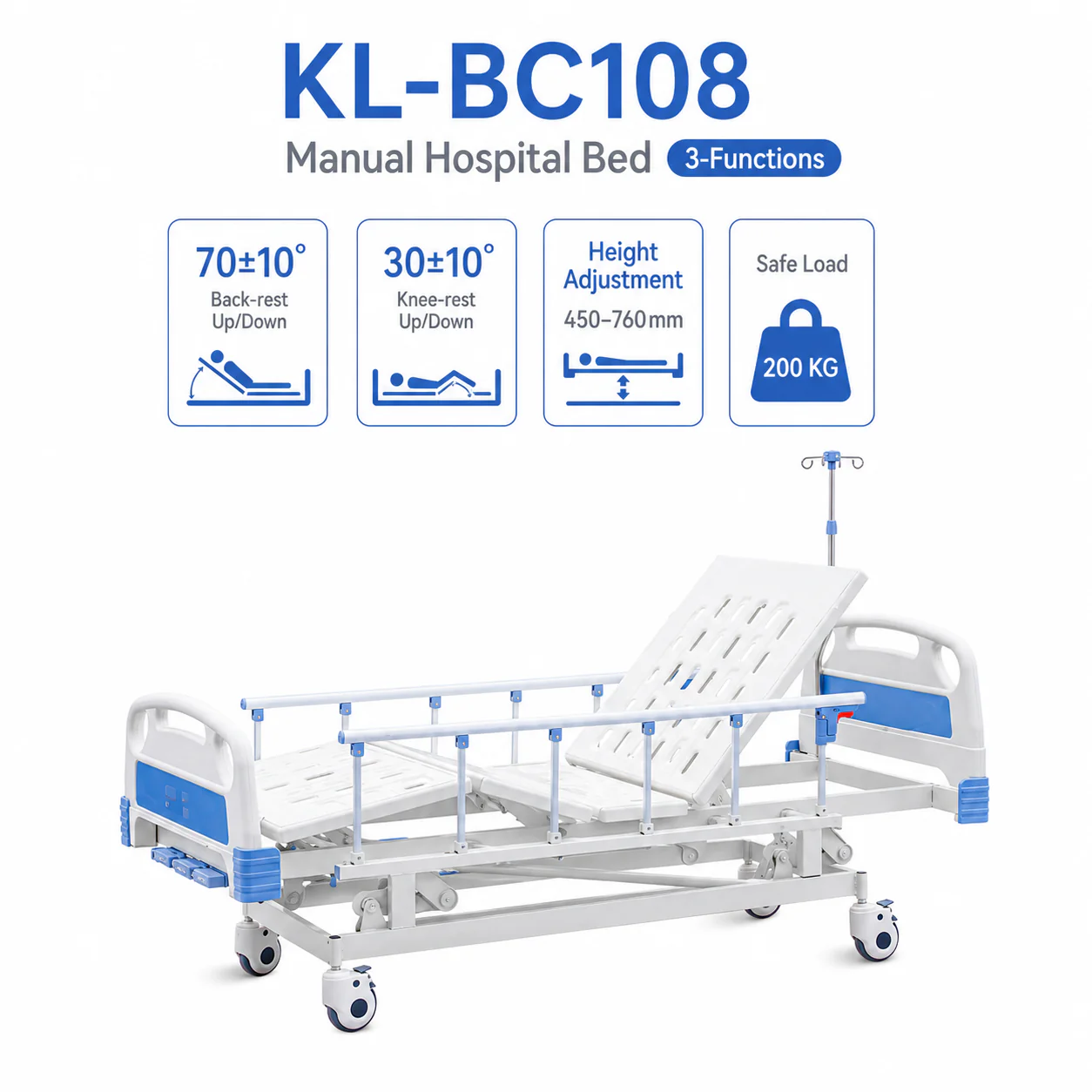 KL-BC108 KL-BC108 Manual Hospital Bed | 3-Function Manual Bed with Height Adjustment