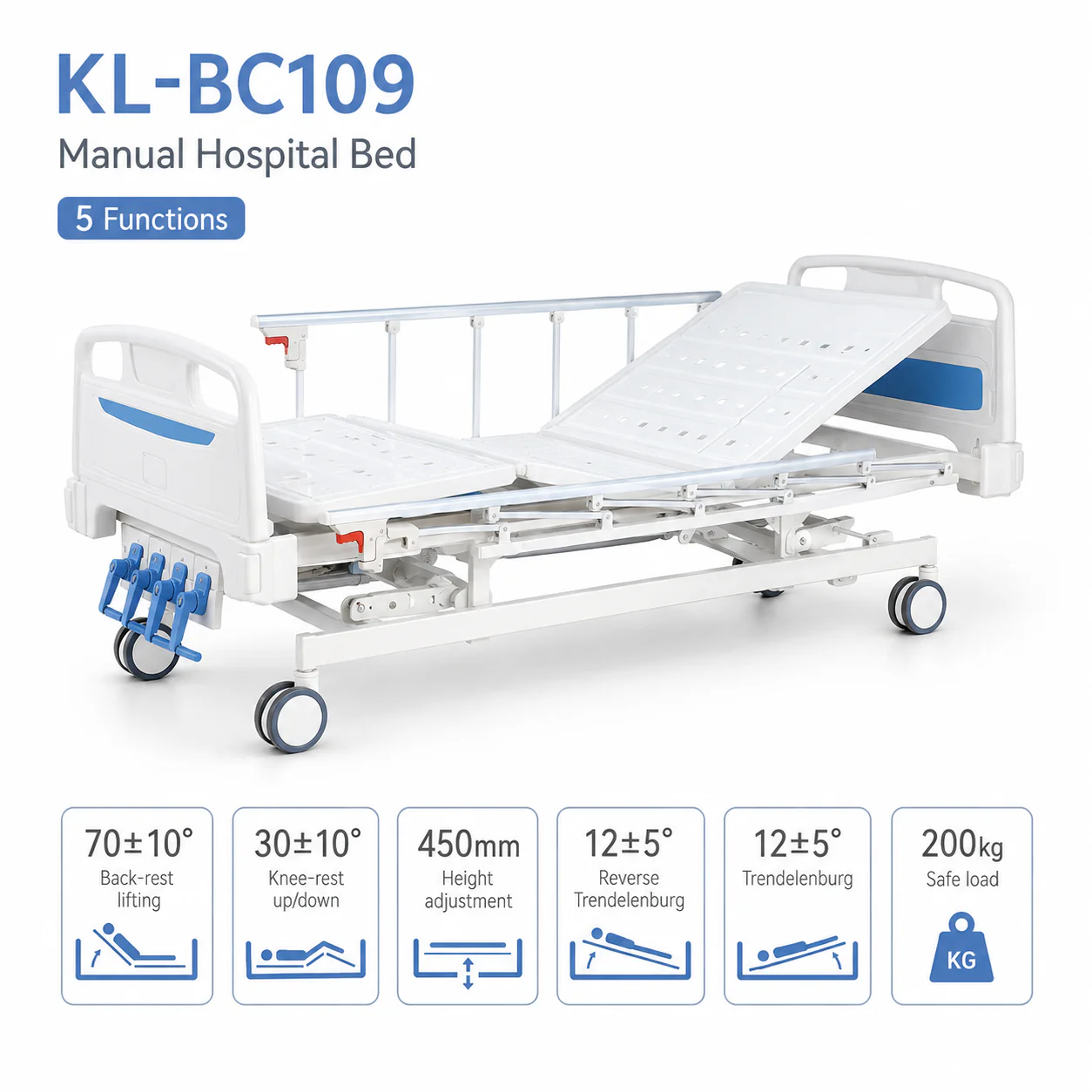 KL-BC109 KL-BC109 Manual Hospital Bed | 5-Function Manual Bed with Trendelenburg