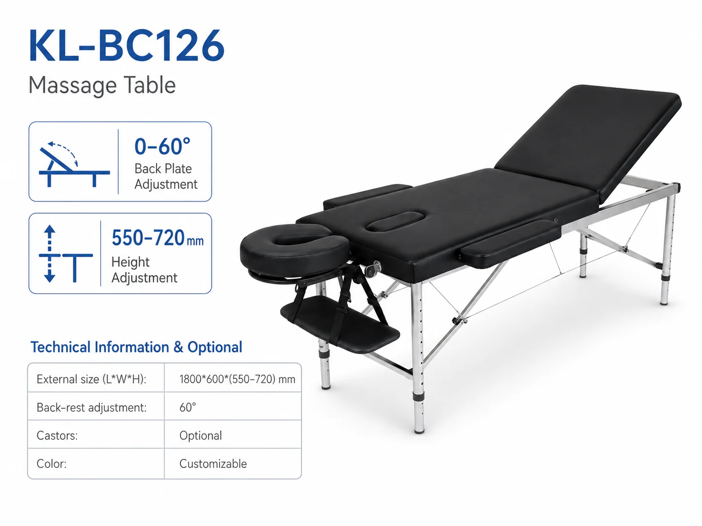 KL-BC126 KL-BC126 Massage Table | Portable Aluminium Height-Adjustable Massage Table