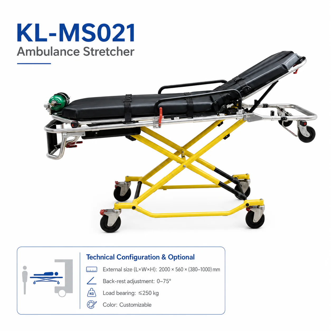 KL-MS021 KL-MS021 Ambulance Stretcher | Heavy-Duty 250 kg Hydraulic Lift Stretcher
