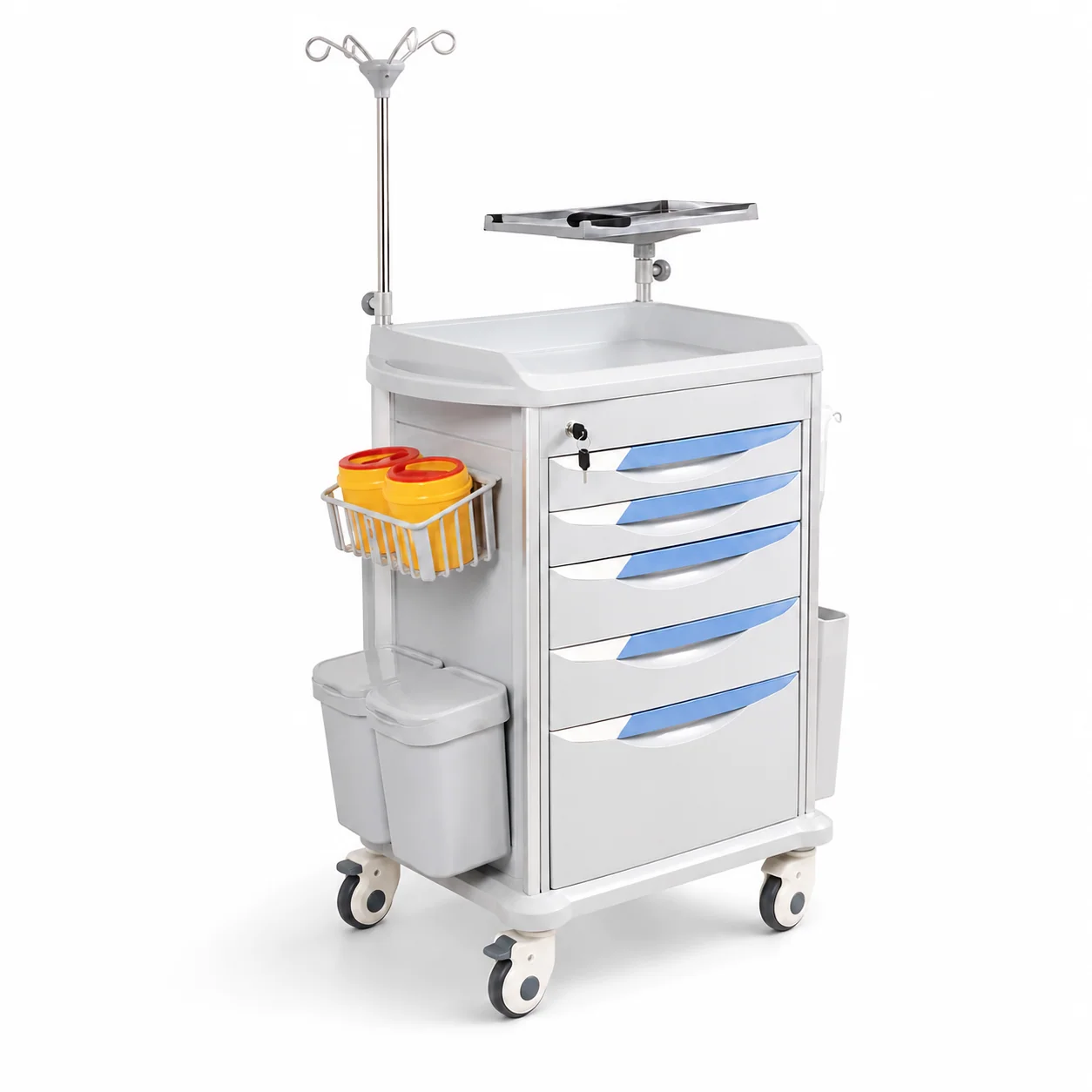 KL-TC020 KL-TC020 Emergency Trolley | 5-Drawer Crash Cart with Stainless Top Tray & IV Pole