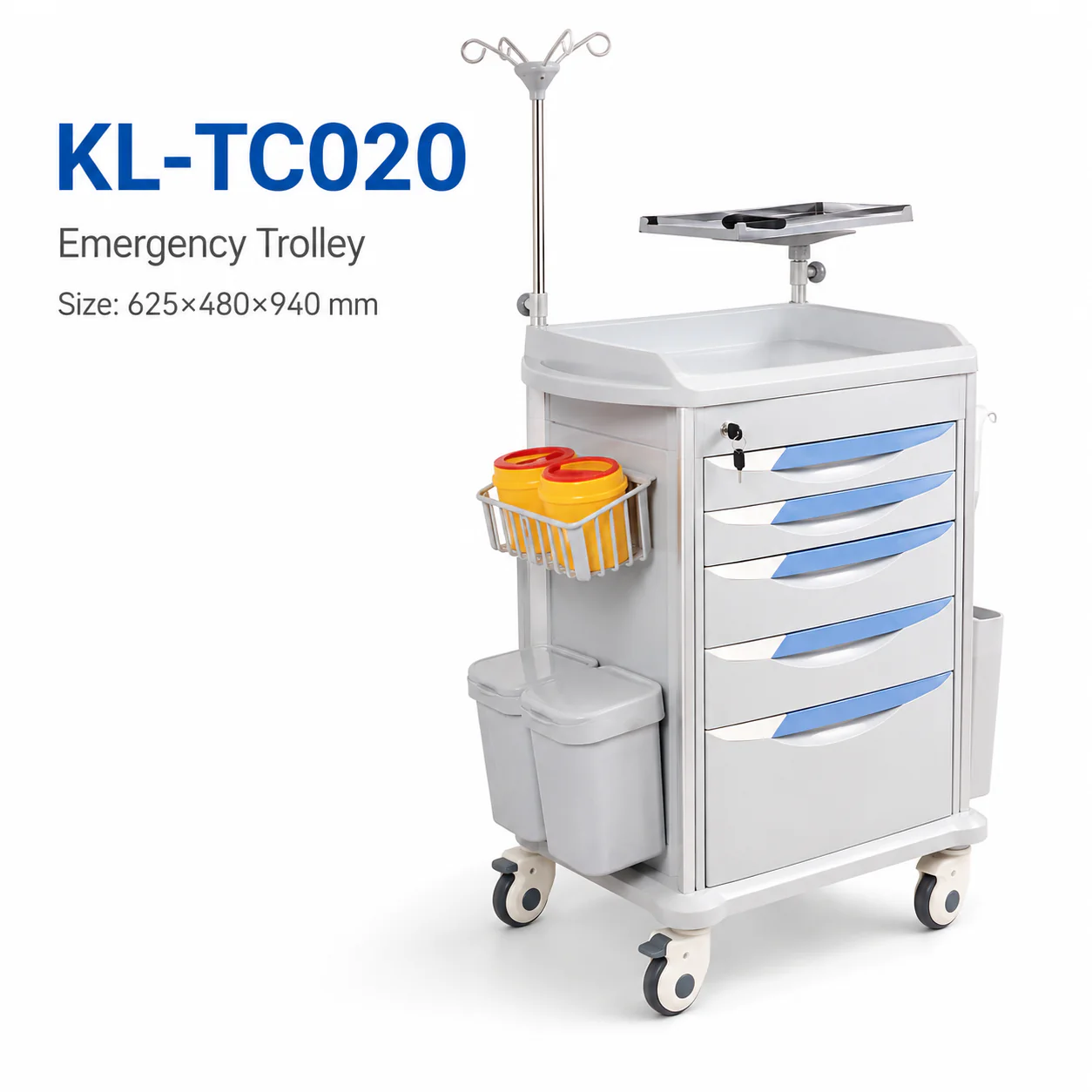KL-TC020 KL-TC020 Emergency Trolley | 5-Drawer Crash Cart with Stainless Top Tray & IV Pole
