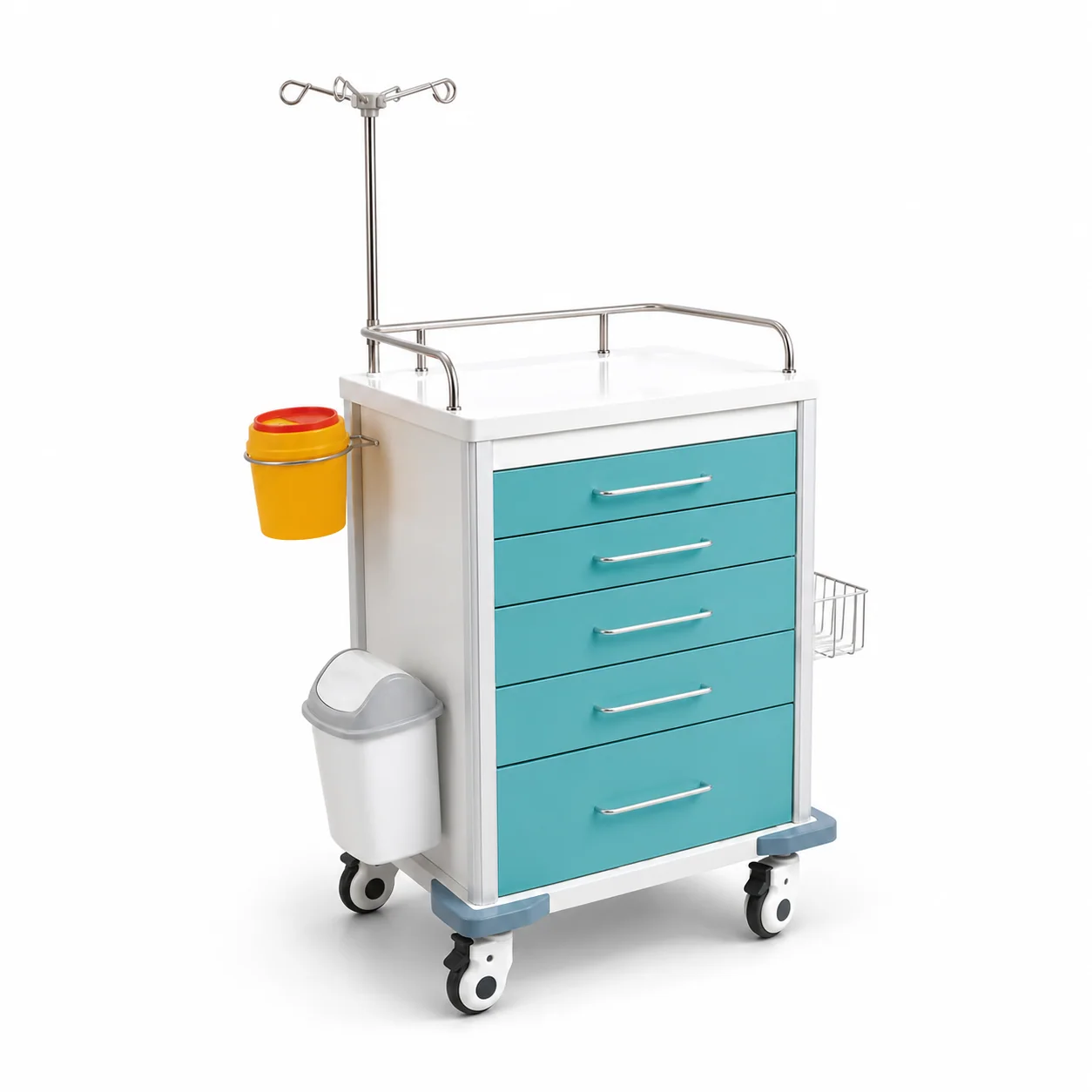 KL-TC025 KL-TC025 Clinical Trolley | 5-Drawer Teal Cart with IV Pole and Guard Rail