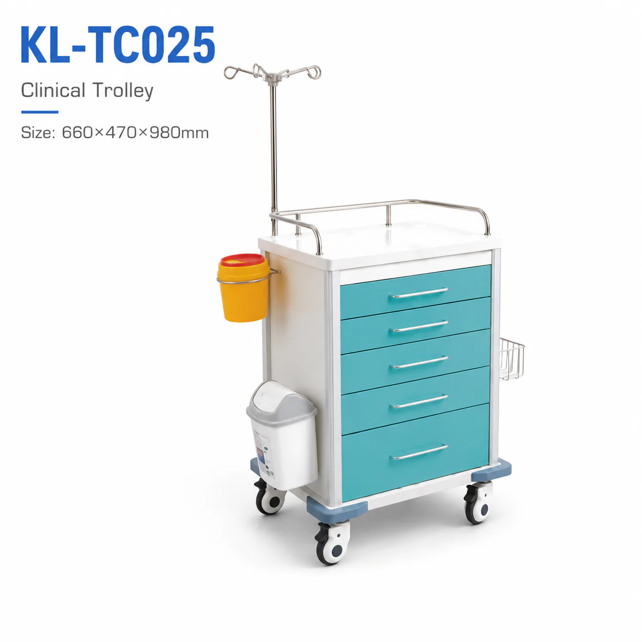 KL-TC025 KL-TC025 Clinical Trolley | 5-Drawer Teal Cart with IV Pole and Guard Rail