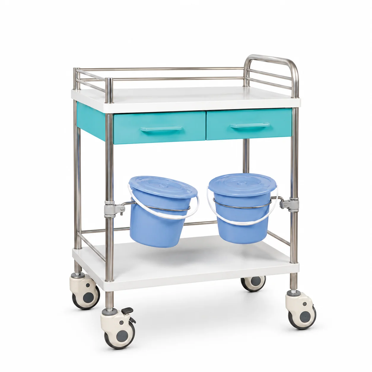 KL-TC026 KL-TC026 Clinical Trolley | Stainless Steel 1-Drawer Cart with Dual Buckets