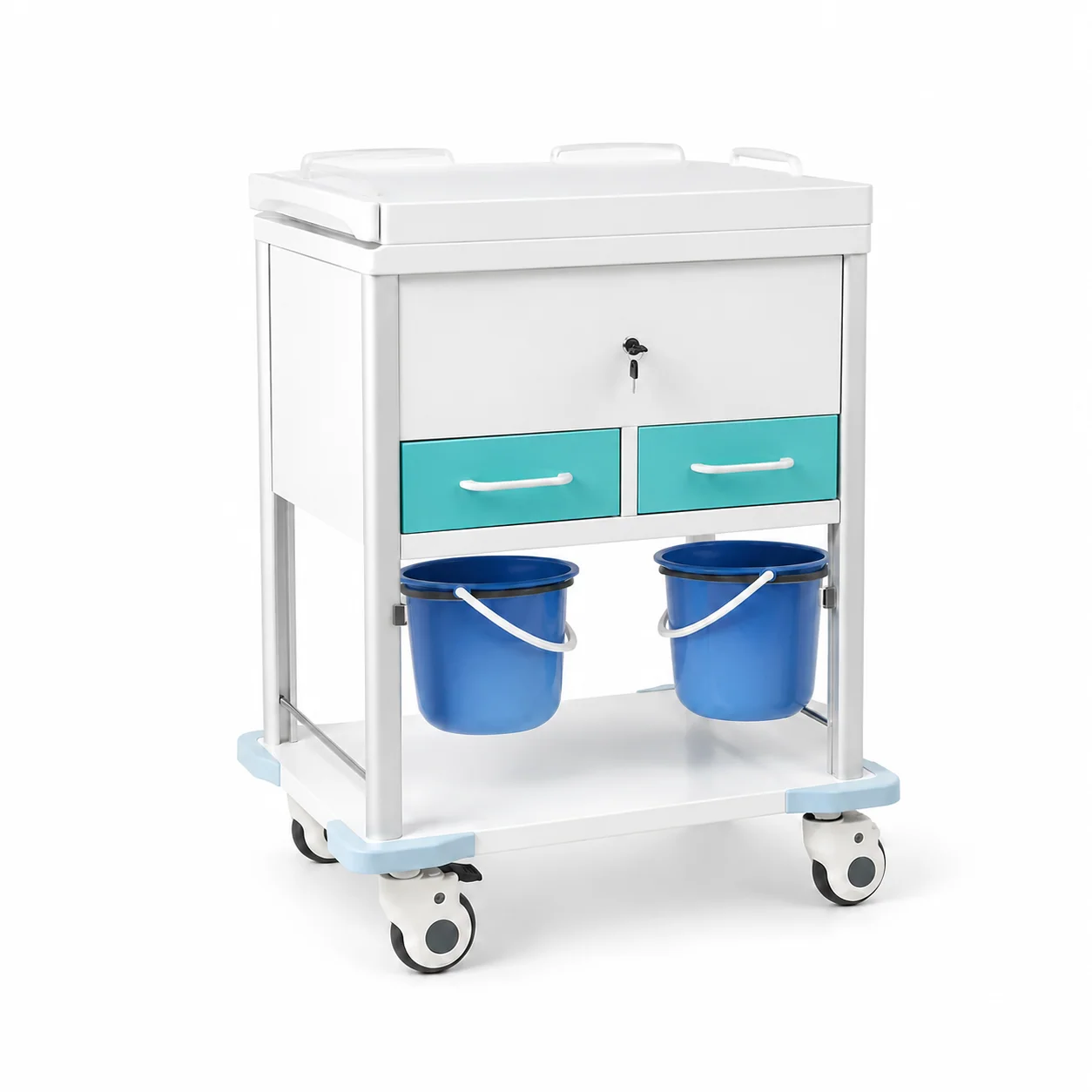 KL-TC027 KL-TC027 Clinical Trolley | ABS 2-Drawer Lockable Cart with Dual Buckets