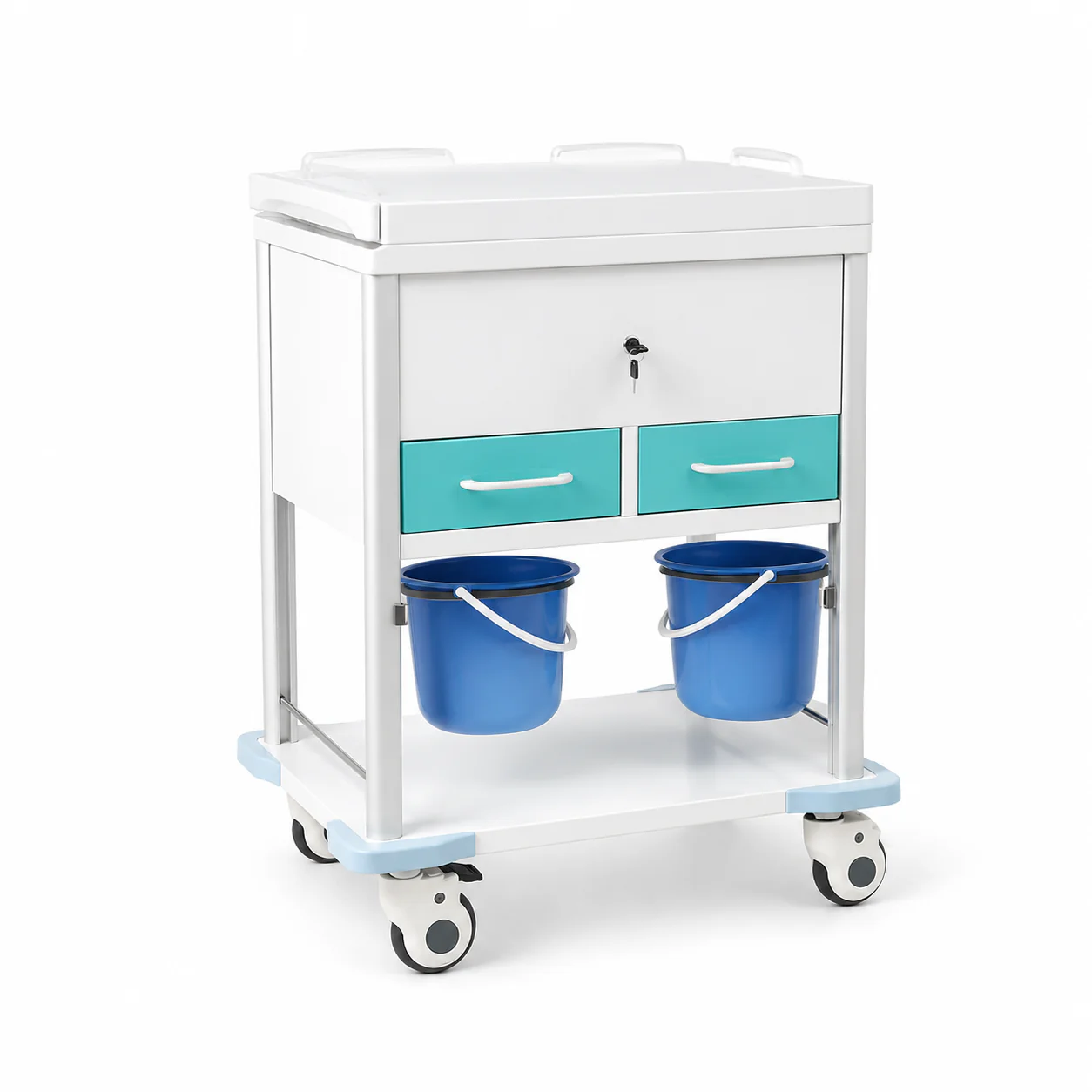 KL-TC027 KL-TC027 Clinical Trolley | ABS 2-Drawer Lockable Cart with Dual Buckets