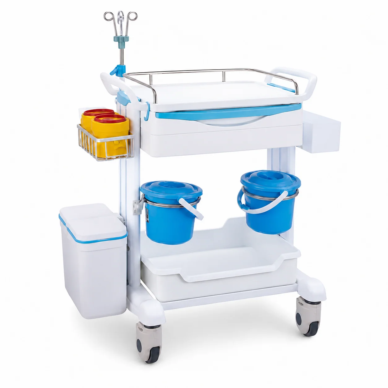 KL-TC029 KL-TC029 Clinical Trolley | ABS Multi-Tier Cart with IV Pole, Dual Buckets and Waste Bin
