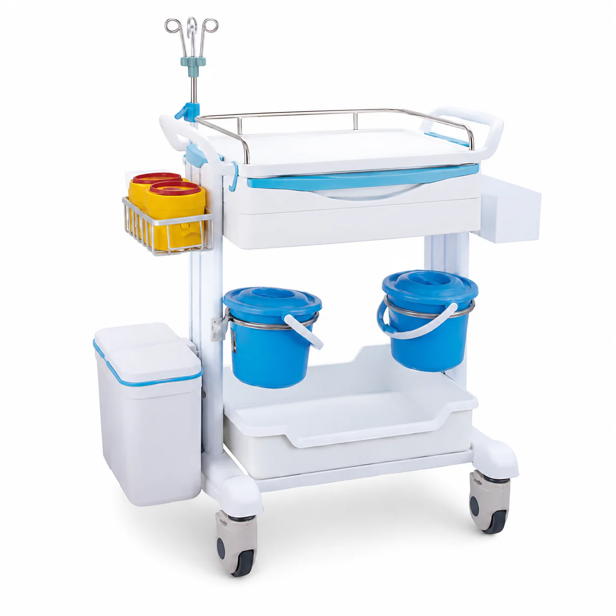 KL-TC029 KL-TC029 Clinical Trolley | ABS Multi-Tier Cart with IV Pole, Dual Buckets and Waste Bin