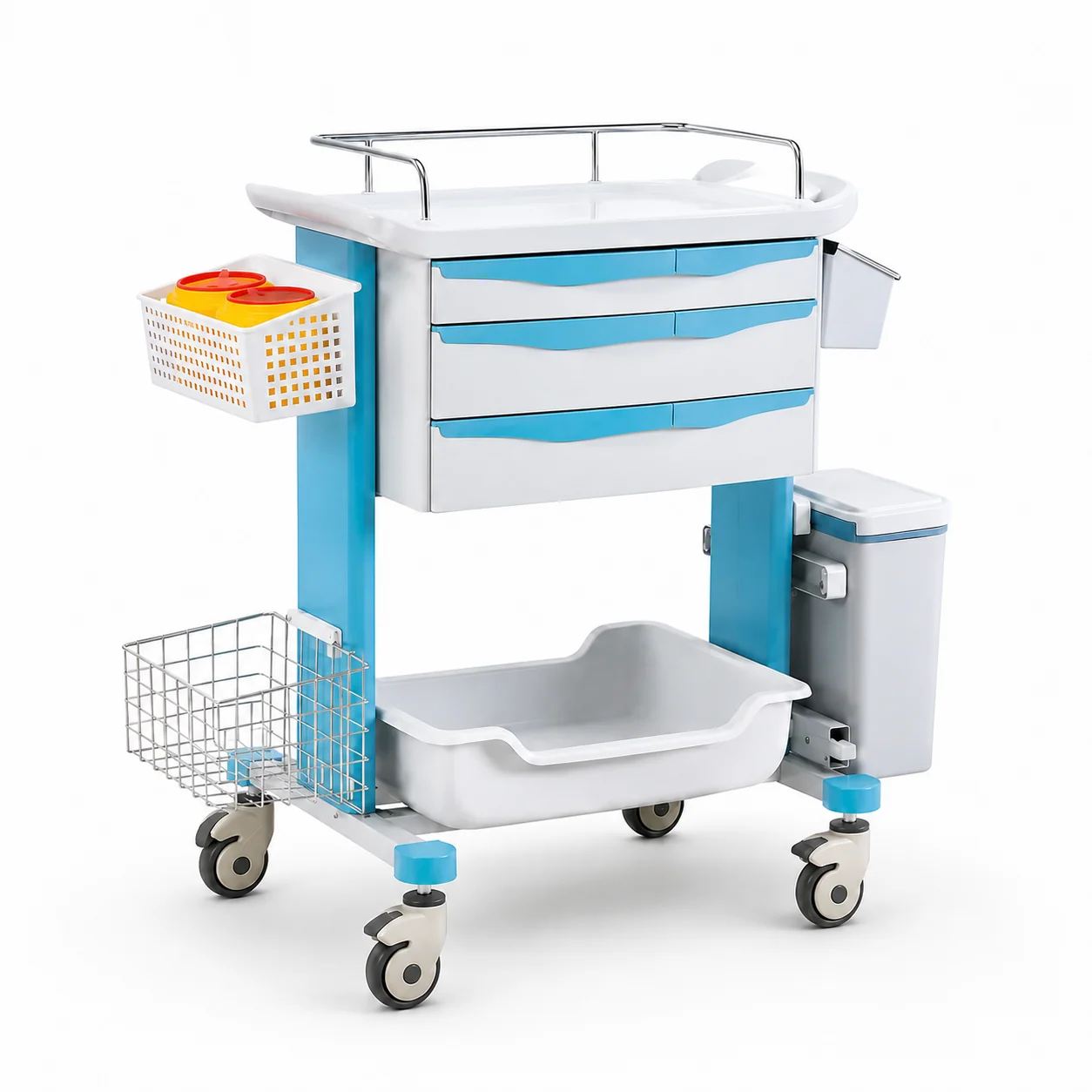 KL-TC030 KL-TC030 Clinical Trolley | 3-Drawer ABS Cart with Side Bin, Sharps Box and Utility Shelf