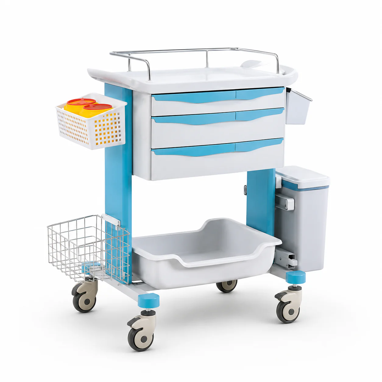 KL-TC030 KL-TC030 Clinical Trolley | 3-Drawer ABS Cart with Side Bin, Sharps Box and Utility Shelf