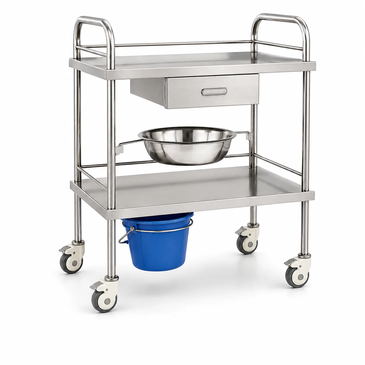 KL-TC040 KL-TC040 Dressing Trolley | Stainless Steel Cart with Drawer, Basin and Bucket