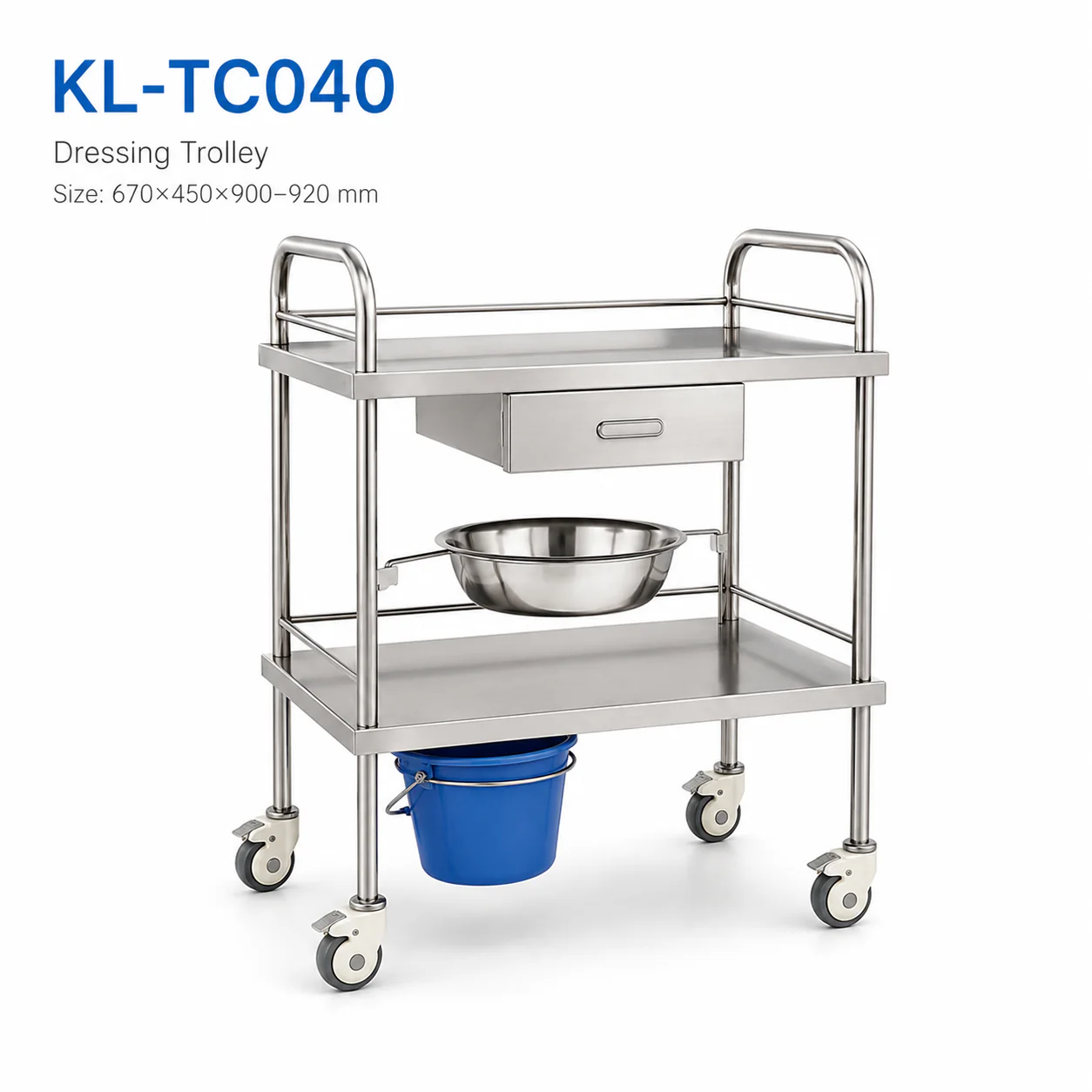 KL-TC040 KL-TC040 Dressing Trolley | Stainless Steel Cart with Drawer, Basin and Bucket