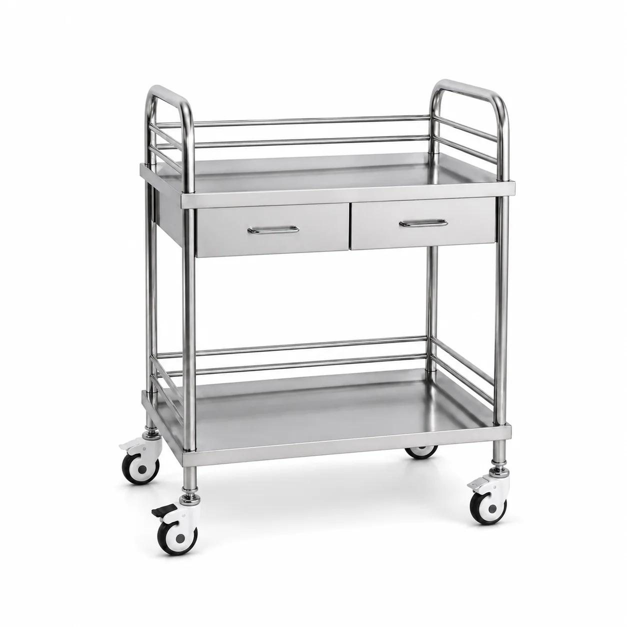 KL-TC042 KL-TC042 Treatment Trolley | Two-Drawer Stainless Steel Cart with Guard Rails