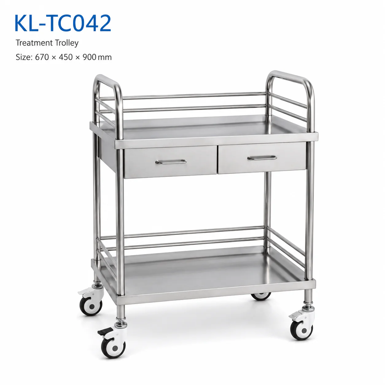 KL-TC042 KL-TC042 Treatment Trolley | Two-Drawer Stainless Steel Cart with Guard Rails