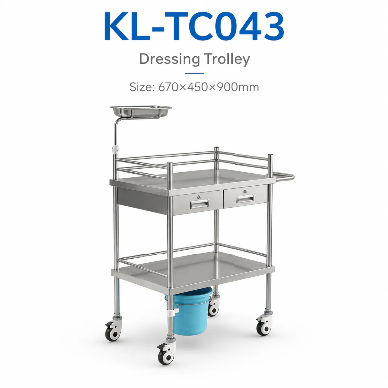 KL-TC043 KL-TC043 Dressing Trolley | Stainless Steel Two-Drawer Cart with Tray & Bucket