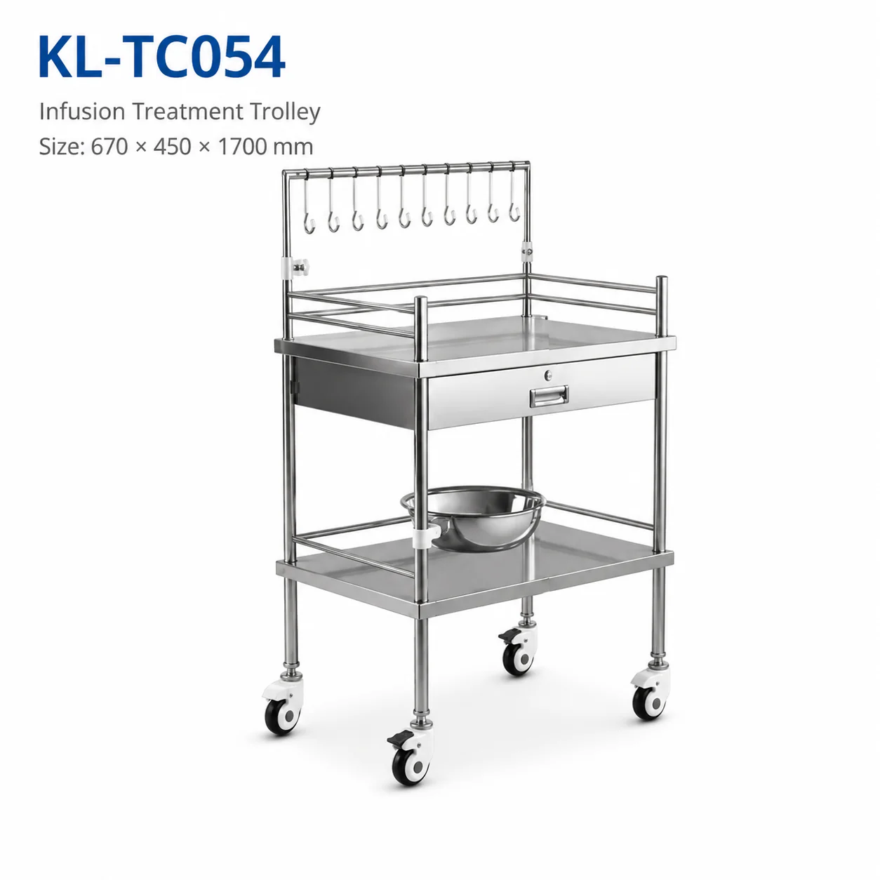KL-TC054 KL-TC054 Infusion Treatment Trolley | Stainless Steel IV Trolley with Hooks and Bowl