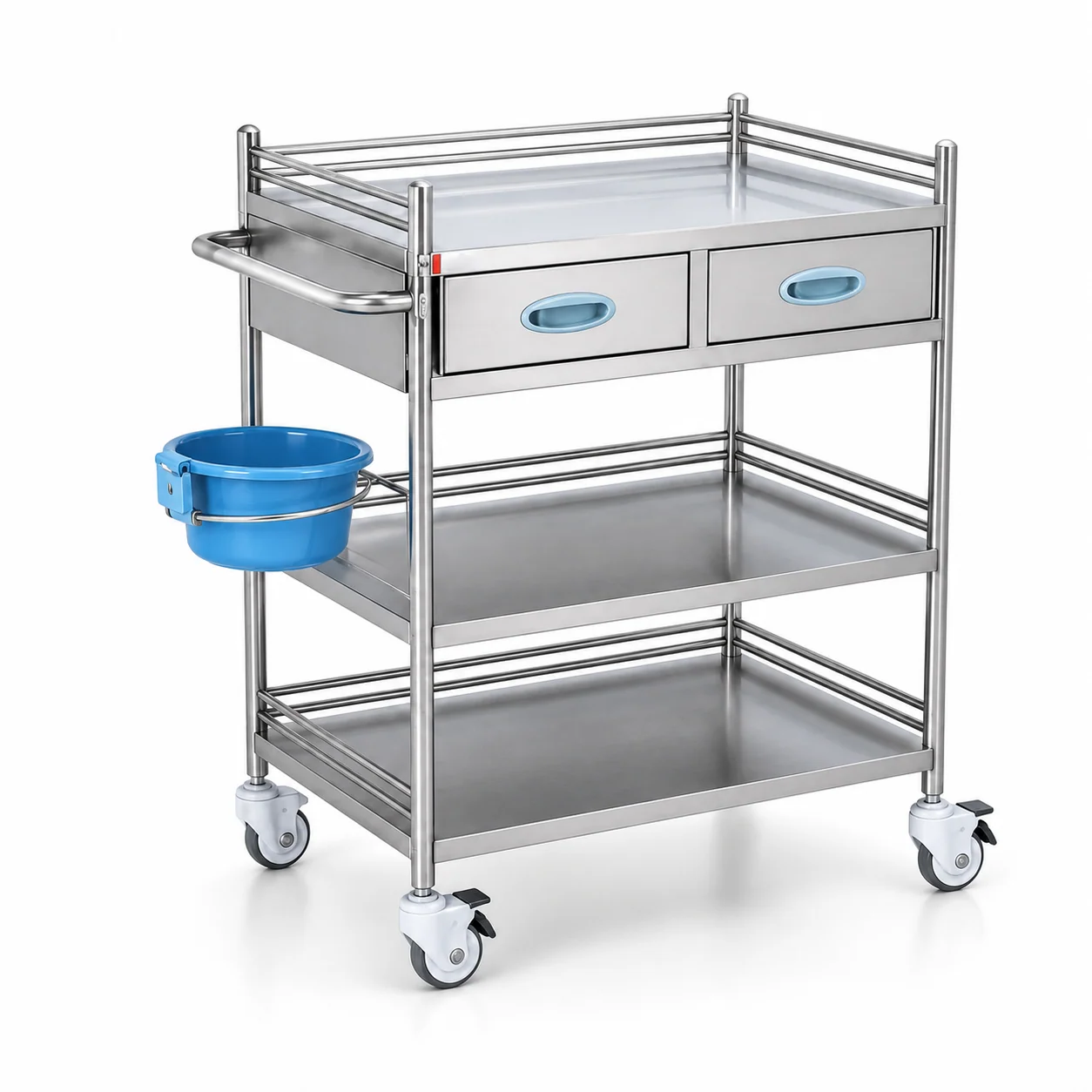 KL-TC055 KL-TC055 Medical Treatment Trolley | 3-Tier Stainless Steel Cart with 2 Drawers and Bucket