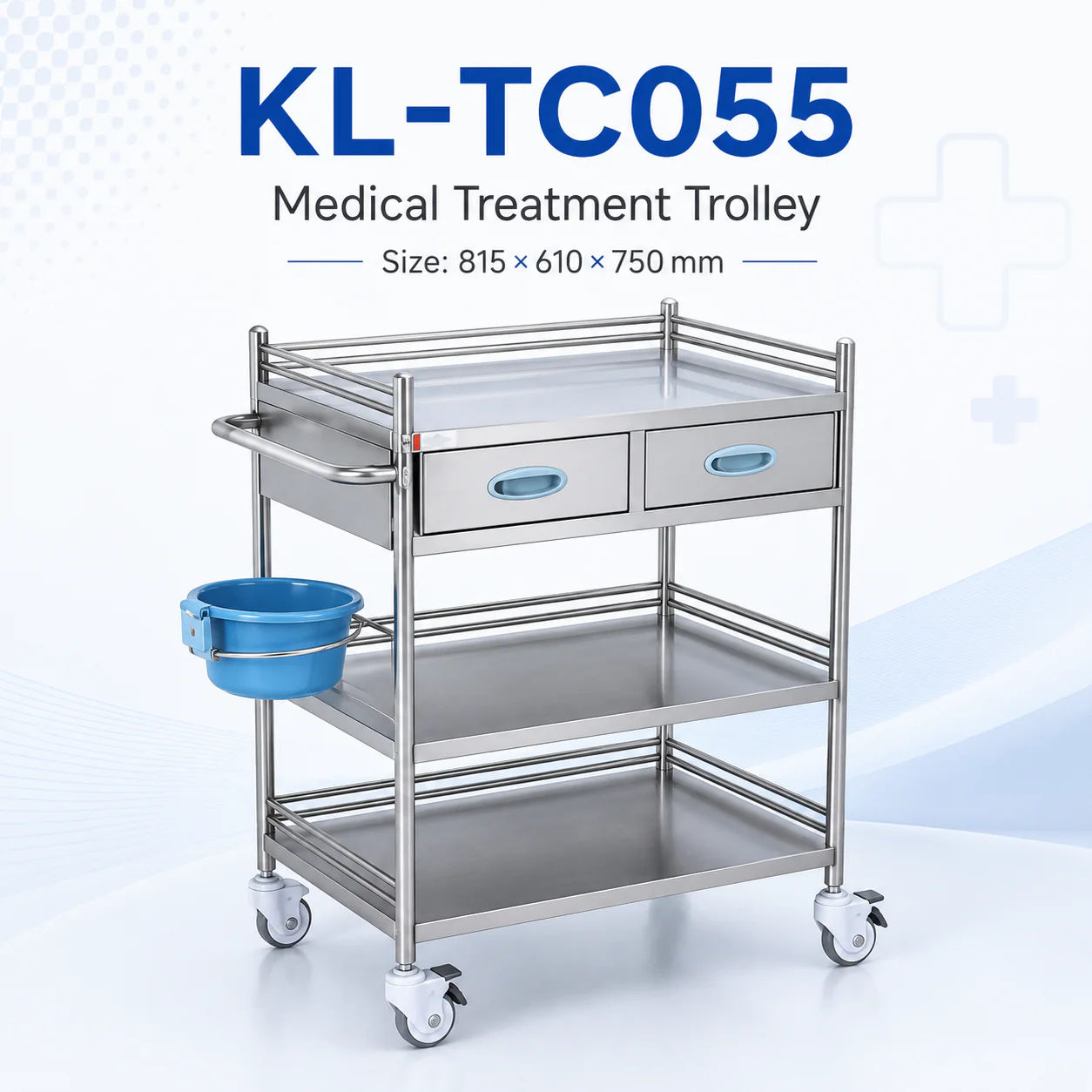 KL-TC055 KL-TC055 Medical Treatment Trolley | 3-Tier Stainless Steel Cart with 2 Drawers and Bucket