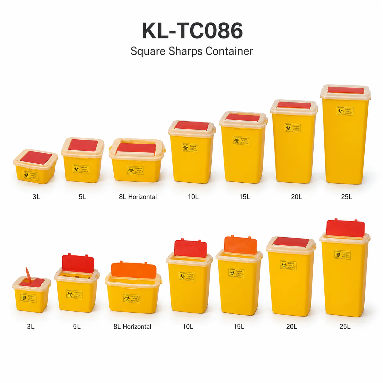 KL-TC086 KL-TC086 Square Sharps Container | Push Lid & Clamshell Type 3 L–25 L