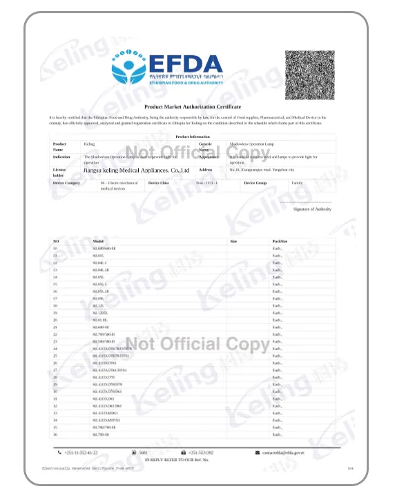 EFDA product market authorization, issued to Jiangsu Keling Medical Appliances Co., Ltd. by Ethiopian Food and Drug Authority
