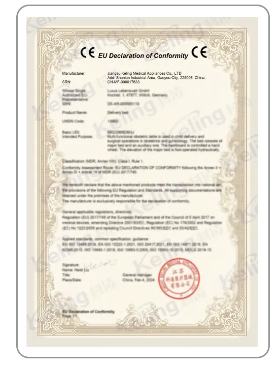 EU Declaration of Conformity (MDR), issued to Jiangsu Keling Medical Appliances Co., Ltd. by Regulation (EU) 2017/745