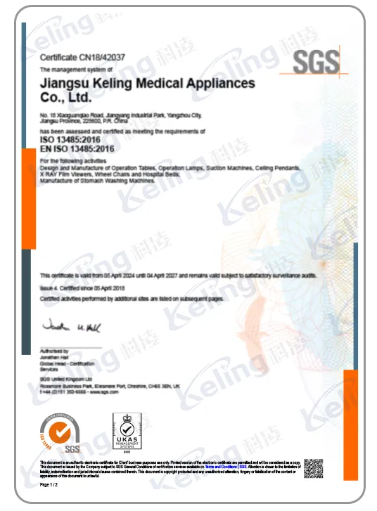 ISO 13485:2016 certificate CN18/42037, issued to Jiangsu Keling Medical Appliances Co., Ltd. by SGS United Kingdom Ltd