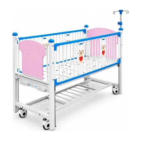 Keling KL-BC114 pediatric hospital cot with blue side rails, IV pole and full-length safety enclosure