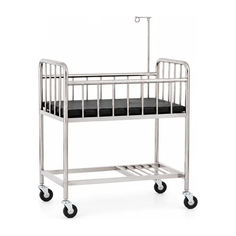 Keling KL-BC115 stainless steel child cot with protective side rails, IV pole and four casters