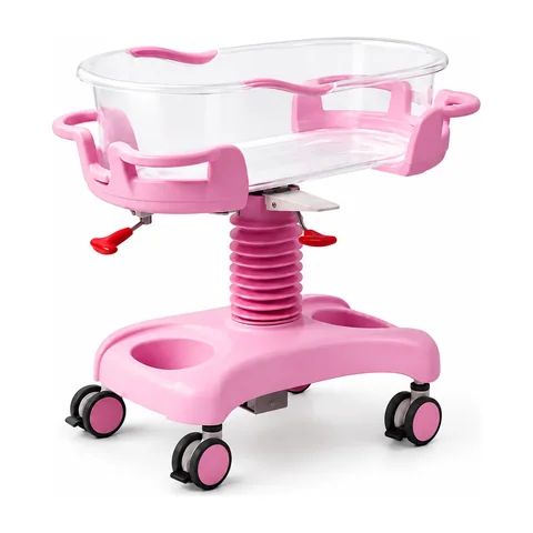 Keling KL-BC117 height-adjustable baby crib with transparent pink body and silent casters
