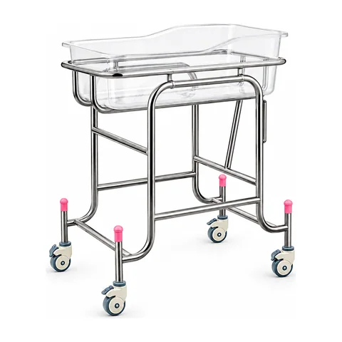 Keling KL-BC118 hospital baby crib with transparent bassinet, stainless steel frame and braked casters