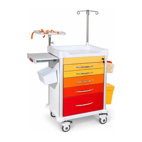 Keling KL-TC001 emergency trolley with six color-coded drawers, IV pole and top tray