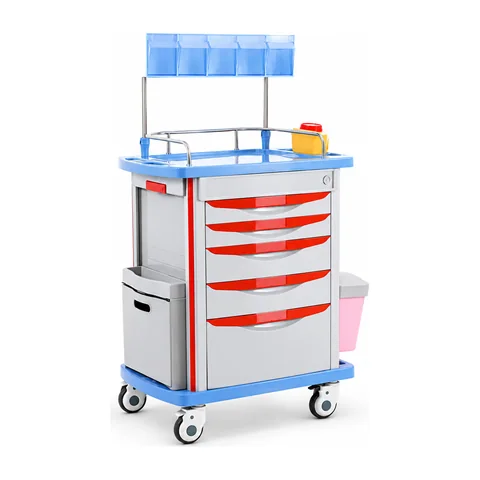 Keling KL-TC005 anesthesia trolley with upper organizer bins, multi-drawer body and side bins