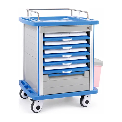 Keling KL-TC006 medicine trolley with multiple drawers, guardrail top tray and side bin