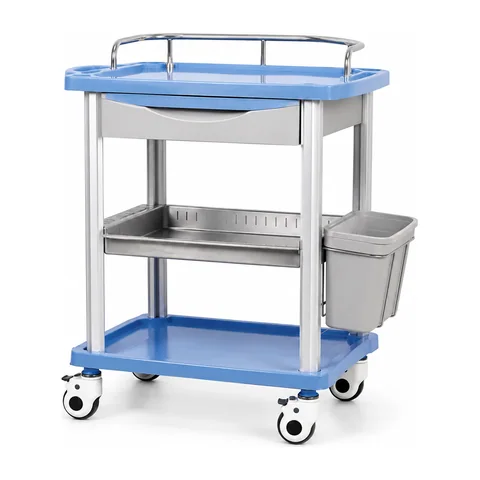 Keling KL-TC007 clinic trolley with ABS top tray, stainless middle tray, drawer and side bin