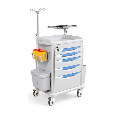 Keling KL-TC020 emergency trolley with stainless top tray, IV pole, sharps holder and dual waste bins