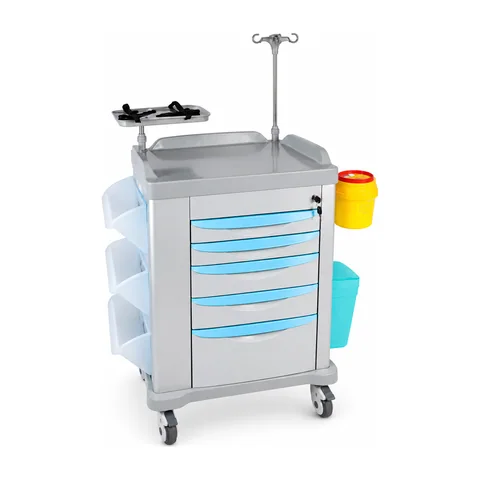 Keling KL-TC023 emergency trolley with five drawers, IV pole and side bins