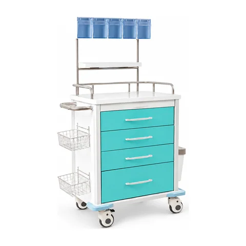 Keling KL-TC024 anesthesia trolley with four teal drawers and transparent top organizer