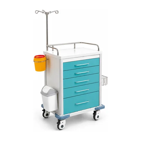 Keling KL-TC025 clinical trolley with five teal drawers, IV pole and guard rail top