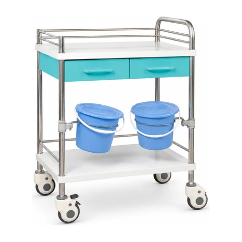 Keling KL-TC026 stainless steel clinical trolley with two lidded buckets and drawer