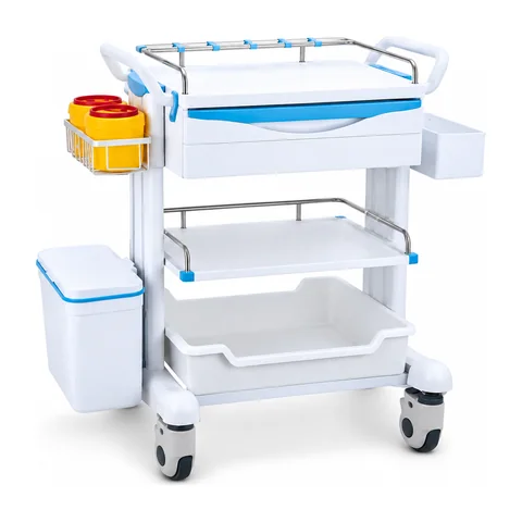 Keling KL-TC028 multi-tier clinical trolley with drawer, side bins and waste bin