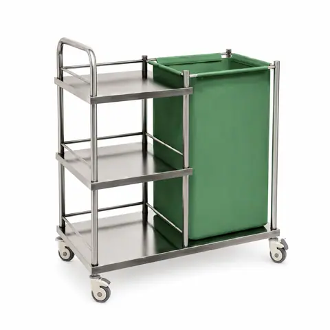 Keling KL-TC033 stainless steel laundry trolley with three-tier shelf and green bag