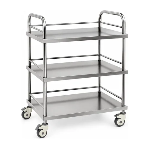 Keling KL-TC037 three-tier stainless steel instrument trolley with side guard rails