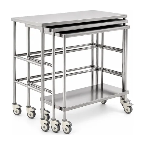 Keling KL-TC039 three-piece nesting stainless steel trolley set showing large, medium and small