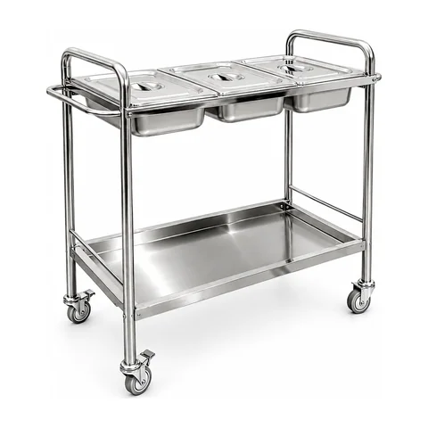 Keling KL-TC048 stainless steel mayo trolley with twin instrument basins and lower shelf
