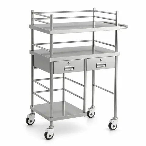 Keling KL-TC053 stainless steel three-tier medical treatment trolley with two drawers and side handle