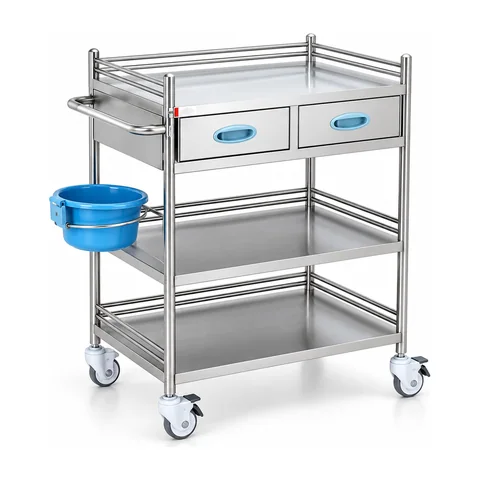 Keling KL-TC055 stainless steel medical treatment trolley with two drawers and side waste bucket