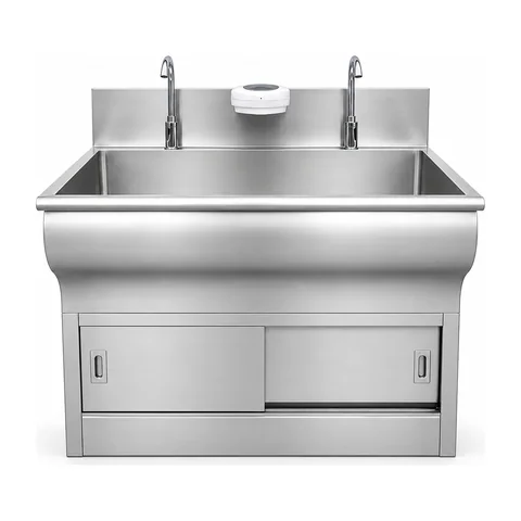 Keling KL-TC060 stainless steel surgical scrub sink with dual faucets, soap dispenser and sliding cabinet