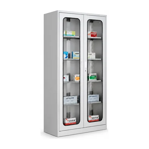 Keling KL-TC064 medical cabinet with full-height glass doors and adjustable shelves stocked with supplies