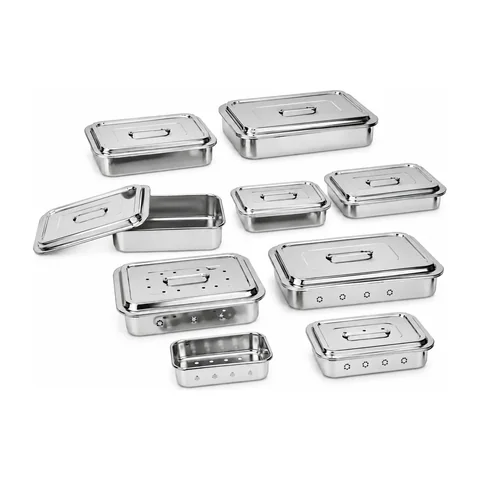 Keling KL-TC076 stainless steel sterilization trays showing perforated and solid variants with covers
